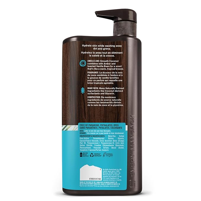 Every Man Jack Coconut + Driftwood Mens Body Wash for All Skin Types - Cleanse, Hydrate, and Smell Great - Free of Parabens, Phtalates, and Dyes - 33.8 fl oz (2 Pack)