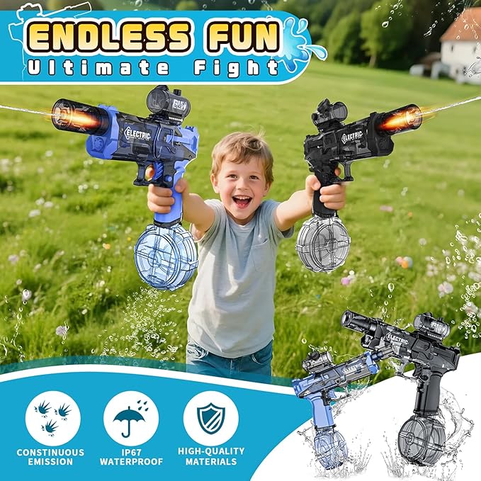 2 Pack Electric Water Guns with Muzzle Flash for Adults & Kids, Automatic Water Gun with 28-32 FT Long Range, Powered Water Gun Summer Outdoor Pool Beach Toy (Blue+Black)