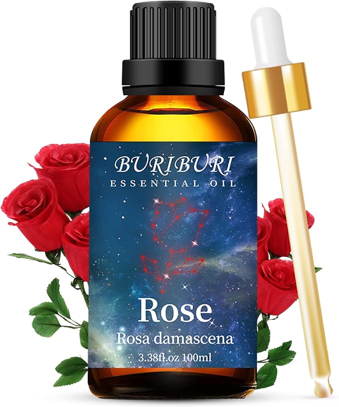 BURIBURI Rose Essential Oil 100ML Gifts Set 100% Pure Natural Undiluted Aromatherapy Rose Oil 3.38fl.oz for Soap, Candle Making, Massage, Diffuser, Humidifier