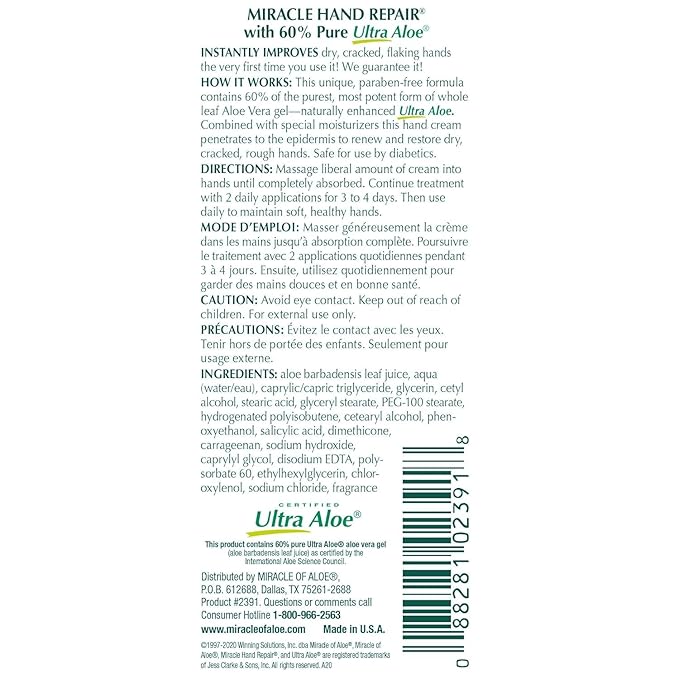 Miracle Hand Repair Cream (8 oz & 1 oz) Healing Aloe Vera Lotion for Dry, Cracked Hands with 60% Ultra Aloe Gel - Moisturizes, Softens, and Repairs - Non-Greasy, Lightly Scented