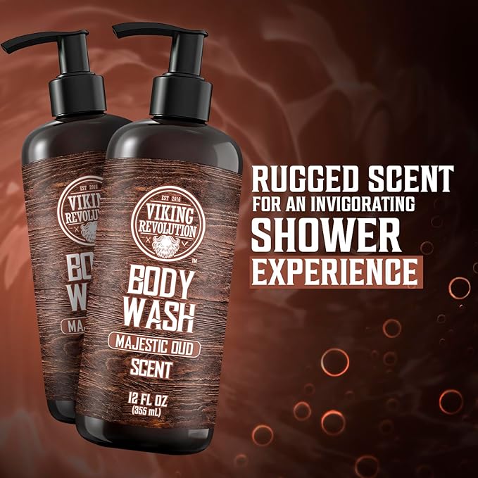 Viking Revolution Men's Body Wash - Majestic Oud Mens Body Wash - Mens Natural Body Wash for Men with Vitamin E and Rosemary Oil - Shower Gel Body Wash Men (12 Fl Oz, Pack of 2)