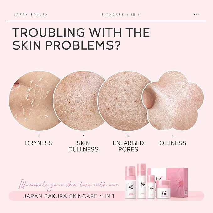 Sakura Skin Care Sets for Women & Teens, Brilliant Skin Rejuvenating Set, Cherry Blossom Skincare Kits with Cleanser, Toner, Serum, Cream, Hydrating Travel Size Facial Kit Hydrating Gifts Sets (4PCS)