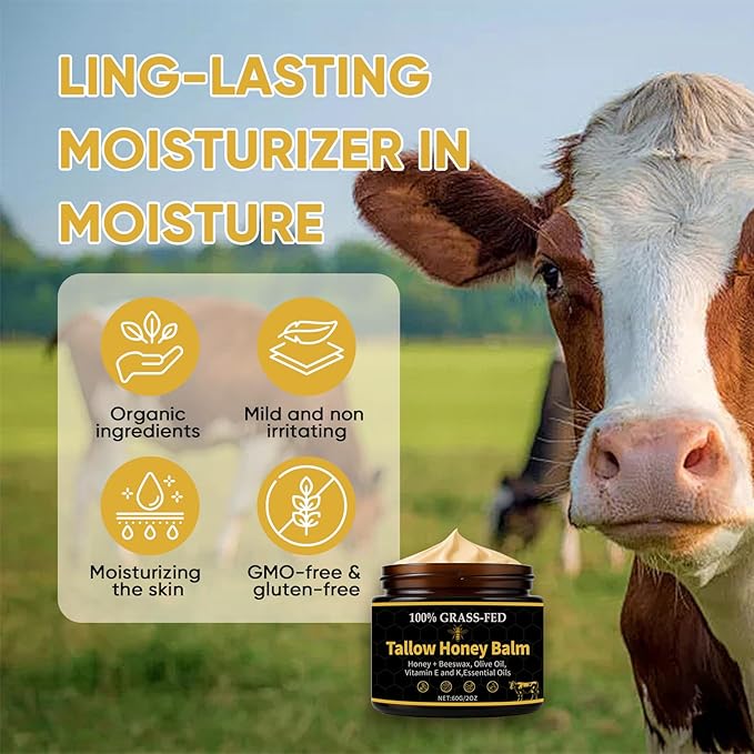 Beef Tallow for Skin, Organic Grass-Fed Beef Tallow Balm,Tallow and Honey Balm with Raw Honey, Olive Oil - Body & Face Moisturizer, Soothes and nourishes for Dry & Sensitive Skin
