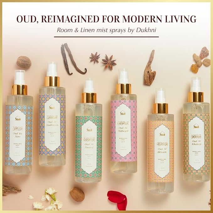 Oud al Saher Arabic Room Spray by Dukhni | 250ml Oud fragrance Air Freshener, Attar al Faraash for home & prayer mats | Bed linen, Sofa Mist, natural home scent, curtain spray, odour eliminator