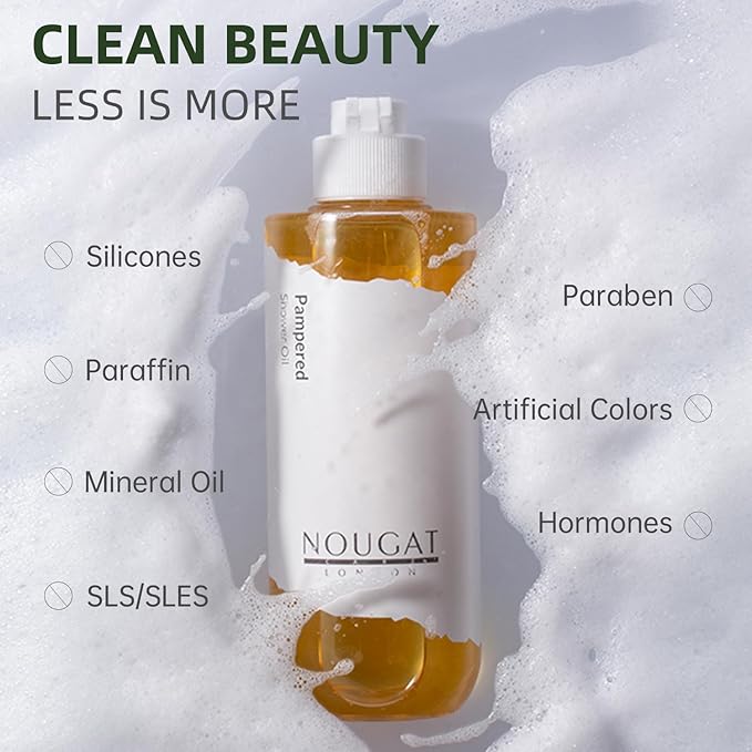 NOUGAT Pampered Shower Oil, Makeup & Sunscreen Removal, Free-from Formular, Oil-to-Milky Lather, Cleanse without Drying with Luxury Botanical Oils, Delicate Perfume,Smooth Skin,Vitamin E