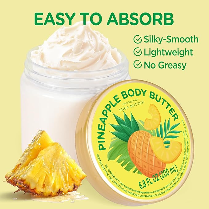 Pineapple Body Butter, Natural Body Care for Men Women Smell Good, Pineapple Scented Natural Body Butter, Body Moisturizer for Dry Skin 6.8 floz