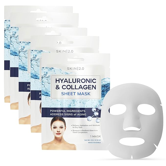 Skin 2.0 Hyaluronic Acid & Collagen Sheet Mask - Hydrating, Anti-Aging, Firming - Dermatologist Tested Korean Skincare - Clean Beauty, Natural Ingredients, Cruelty-Free, All Skin Types - 5 Masks