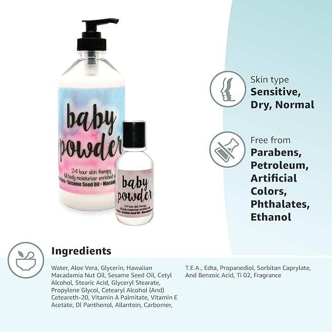 The Lotion Company 24 Hour Skin Therapy Lotion, Baby Powder Fragrance, Full Body Moisturizer, w/ Aloe Vera, Paraben Free, Made in USA, 16 oz bottle + 2 oz travel size