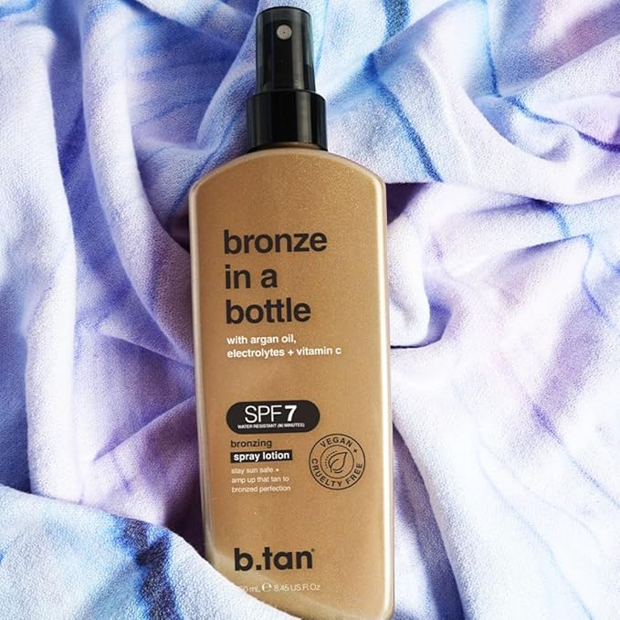 b.tan SPF 7 Sun Tanning Lotion Spray | Bronze In a Bottle - Best Tan Intensifier, Browning Outdoor Bronzing Accelerator, Packed with Argan Oil, Electrolytes, & Vitamin C, Austrailian Brand, 8.45 Fl Oz