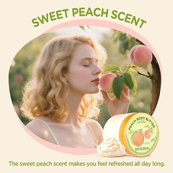 Peach Body Butter, Natural Body Care for Men Women Smell Good, Peach Scented Natural Body Butter, Body Moisturizer for Dry Skin 6.8 floz