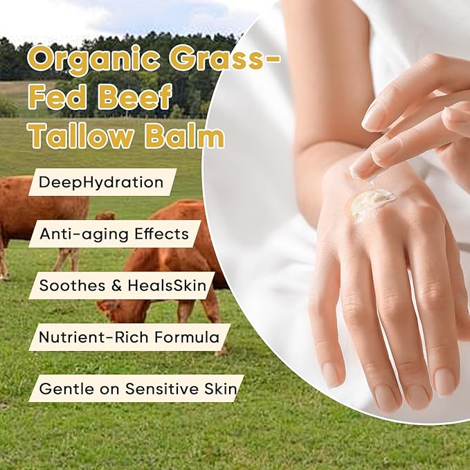 Beef Tallow for Skin, Organic Grass-Fed Beef Tallow Balm,Tallow and Honey Balm with Raw Honey, Olive Oil - Body & Face Moisturizer, Soothes and nourishes for Dry & Sensitive Skin