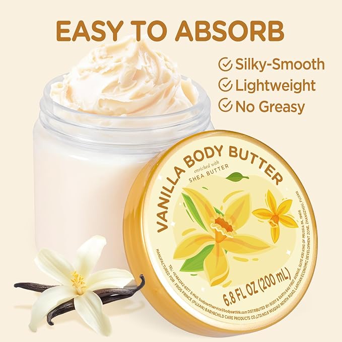 Vanilla Body Butter, Natural Body Care for Men Women Smell Good, Vanilla Scented Natural Body Butter, Body Moisturizer for Dry Skin 6.8 floz