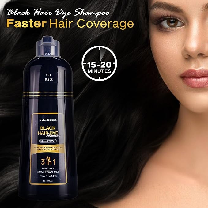 Hair Dye Shampoo 3 in 1 for Gray Hair Shampoo Para Canas Mujer Hair Color Shampoo for Women & Men - Herbal Ingredients Natural Plant Hair Dye 500ML (Black)