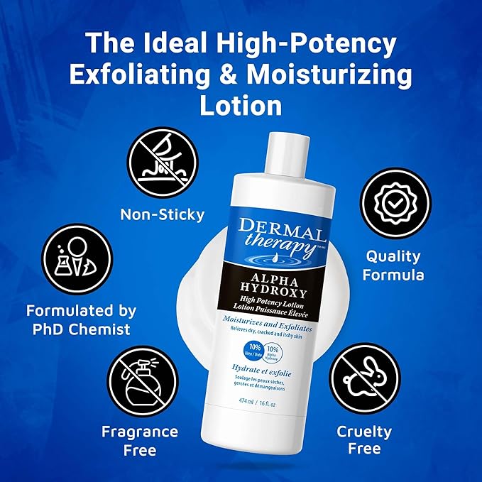 Dermal Therapy Alpha Hydroxy Lotion with 10% Lactic Acid & 10% Urea – Fragrance-Free Moisturizer for Dry Skin – 16 fl oz (474 ml)