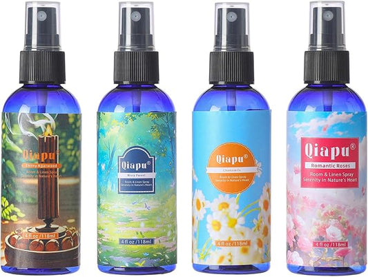 Natural Bedroom Linen Spray Scented Room Mist with Plant Extracts Long Lasting Freshness for Sheets, Pillows & Curtains –Ebony Agarwood + Misty Forest + Chamomile + Romantic Rose 4oz(4 Bottle)