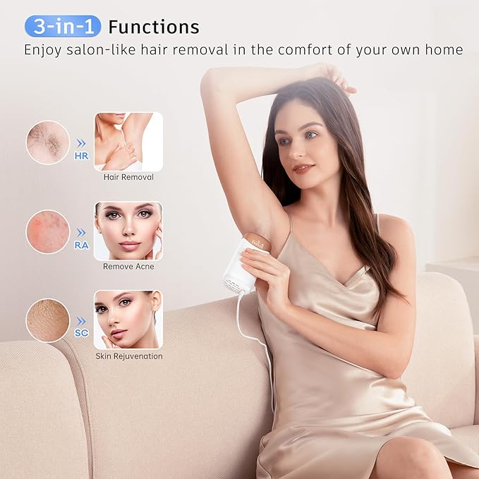 Laser Hair Removal with 5℃ Ice Cooling, Ubroo Painless IPL Laser Hair Removal Device 3 In 1 At Home Hair Remover Machine Permanent Hair Removal for Women Men Facial Body Use(Gold)