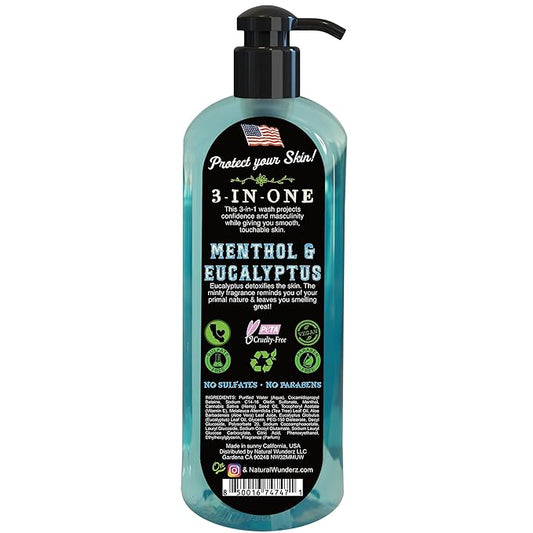 Mens Body Wash with Menthol & Eucalyptus, 32 Fl Oz, All Natural 3-In-1 Body Scrub and Liquid Soap for Gentle Cleansing, Vegan Friendly, Sulfate Free, and Cruelty Free