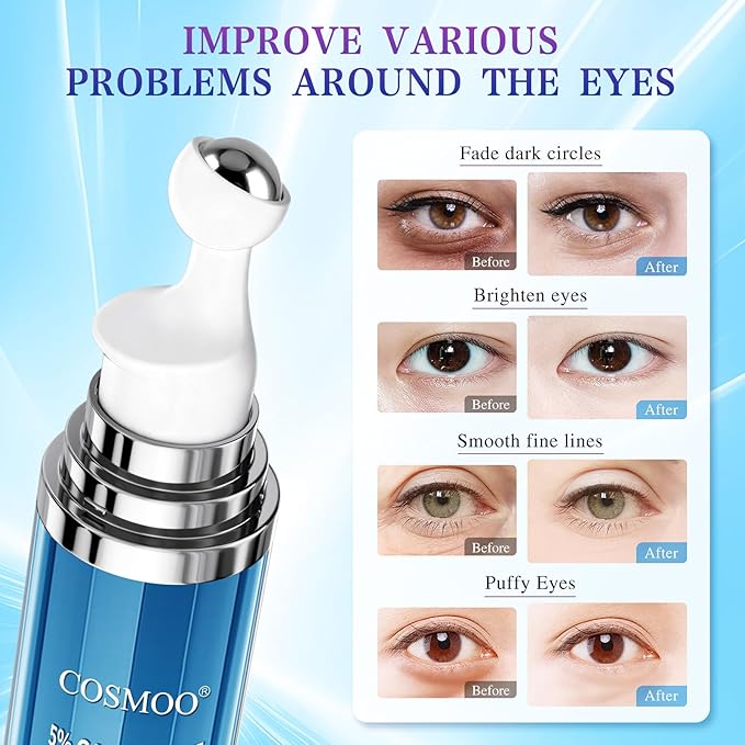COSMOO Eye Serum,360°Rolling Massage Ball Under Eye Cream with 5% Caffeine,8% Retinol,Hyaluronic Acid for Dark Circles,Puffiness,Wrinkles Fine Lines,0.5 fl. oz