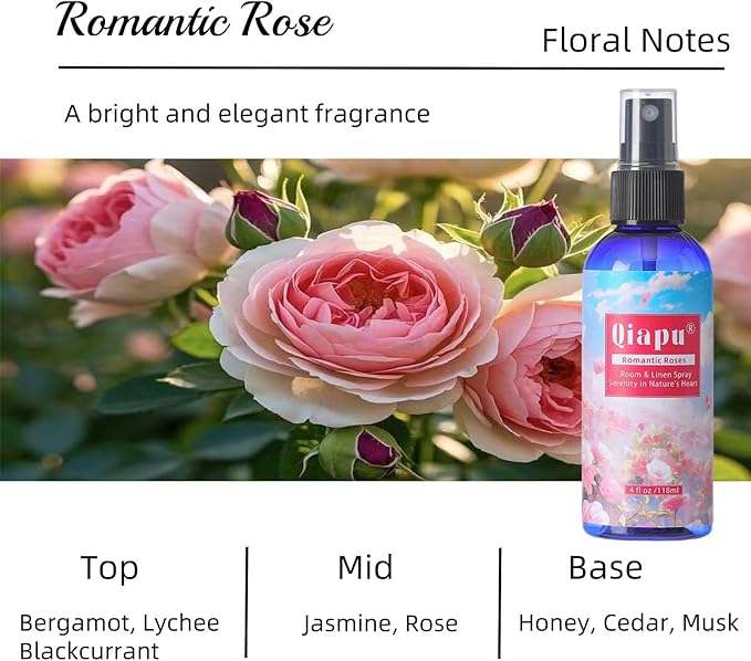 Natural Bedroom Linen Spray Scented Room Mist with Plant Extracts Long Lasting Freshness for Sheets, Pillows & Curtains –Ebony Agarwood + Misty Forest + Chamomile + Romantic Rose 4oz(4 Bottle)