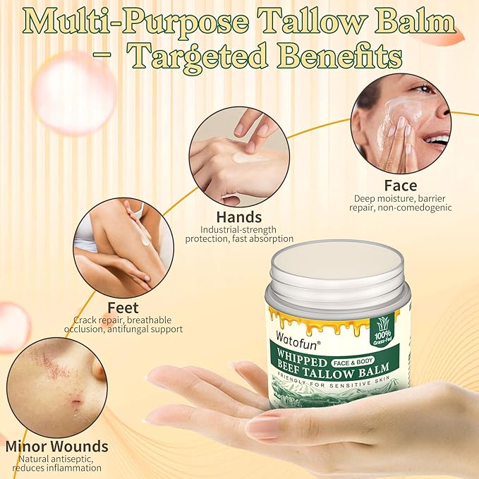 Beef Tallow for Skin - Deep Moisturizer for Dry, Sensitive Skin - With Raw Honey, Beeswax, Olive Oil - Non-Greasy, Unscented, All-Natural Face & Body Repair Cream