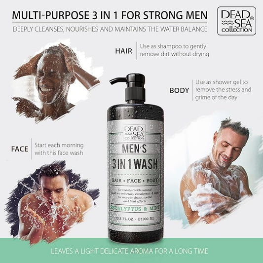 Dead Sea Collection Mens Body Wash 3 in 1 – Eucalyptus Body Wash for Men – Shower Gel – Shampoo – Shower Soap for Face and Hair (33.8 Fl. Oz)