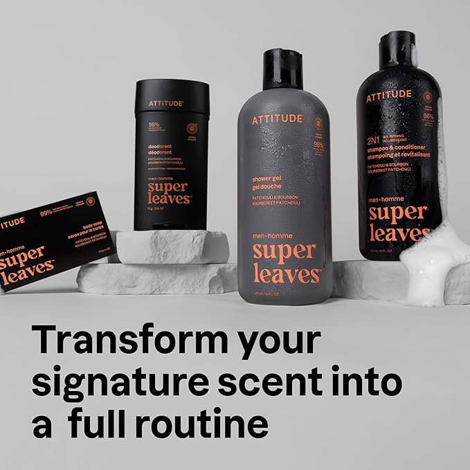 ATTITUDE Shower Gel Body Wash for Men, 98% Natural Origin Ingredients, Paraben & Phthalate Free, EWG Verified, Cleanses Without Drying, Patchouli & Bourbon, 14 Fl Oz