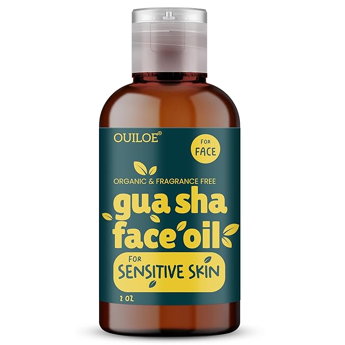 Guasha Oil for Sensitive Skin - Face Oil for Gua Sha Lymphatic Massage - Safe for Acne Prone Skin - Non Comedogenic, Fragrance Free, Organic, Natural & Non Greasy - Use with Gua Sha Facial Tools, 2oz