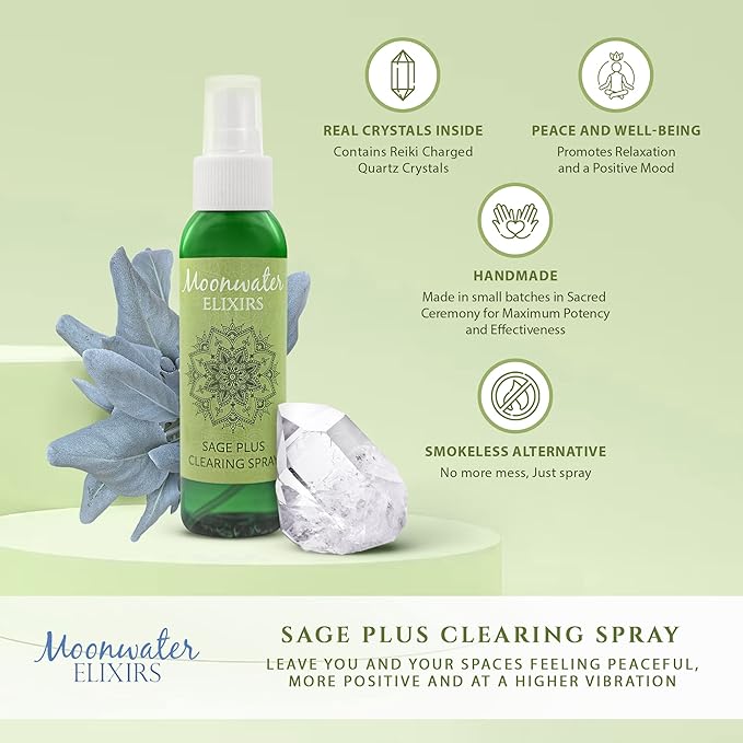 White Sage Smudge Spray for Spiritual Cleansing & Aura Protection, Sage Spray for Cleansing Negative Energy & Protection, Home & Meditation, Clear Quartz Reiki Energized Aromatherapy Room Mist 2X 8oz
