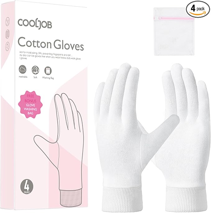 COOLJOB 4 Pairs Soft Moisturizing Cotton Gloves Set with Stretch Elastic Cuff, Overnight Lotion Sleeping Gloves for Dry Hands, Eczema Skin, Beauty Women SPA Essentials, Small, White