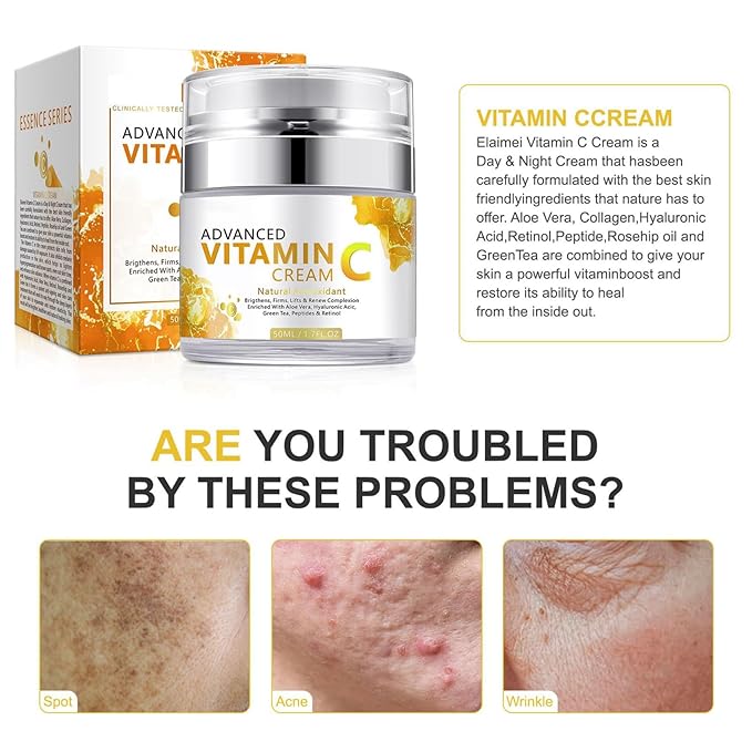 Vitamin C Face Cream With Nicotinamide & Hyaluronic Acid, Anti Aging Moisturizer For Reducing Wrinkles, Fine Lines & Tightening Skin