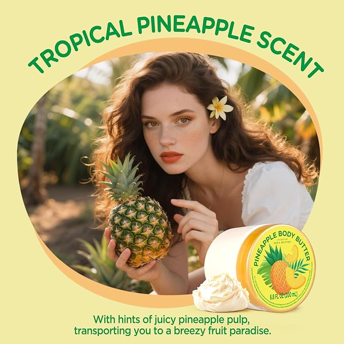 Pineapple Body Butter, Natural Body Care for Men Women Smell Good, Pineapple Scented Natural Body Butter, Body Moisturizer for Dry Skin 6.8 floz