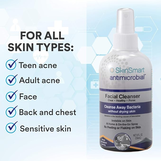 SkinSmart Facial Cleanser for Breakouts, Targets Bacteria for Post-Workout Pimples, Blemishes and Sweat Irritation; 8 oz Spray, Safe for All Ages: Adults and Teens