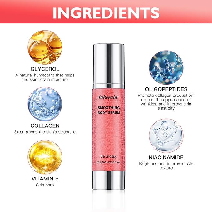 Be Glossy Smoothing Body Serum for Wrinkles - Anti-Aging Formula Infused with Hyaluronic Acid, Vitamin E, Glycerin and Shea Butter - Hydrating & Firming