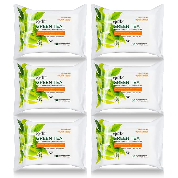 Epielle New Makeup Remover Cleansing Wipes Tissue - Cucumber 30 Count 6 Pack | Gentle for all Skin Types | Daily Facial Cleansing Towelettes | Removes Dirt, Oil, Makeup (Green Tea)