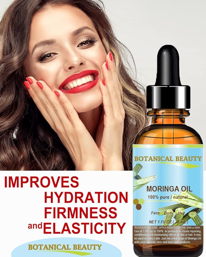 Botanical Beauty Moringa Oil 100% Pure Natural Undiluted Cold Pressed Carrier Oil. 1 Fl.oz.- 30 ml. for Face Skin, Hair, Lips, Nails. Rich in Vitamin C, Vitamin E