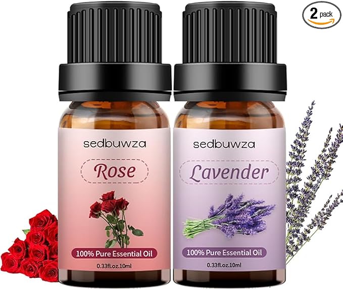 Sedbuwza Rose Lavender Essential Oil Set, Rose Fragrance Oil Lavender Scent Oil Set for Diffuser, Aromatherapy, Massage, Soap, Candle Making 2 x 10 ml