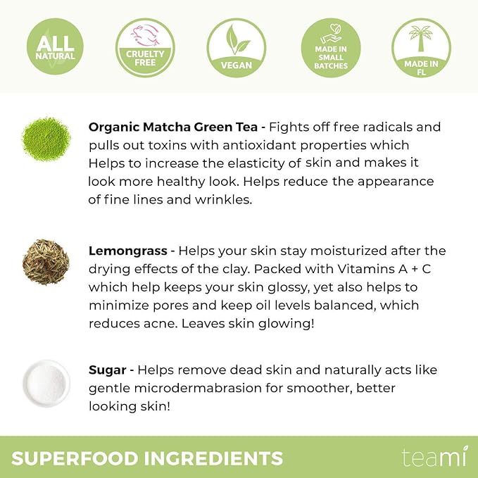 Teami Matcha Green Tea Facial Scrub For Hydrating, Moisturizing, and Exfoliating, Natural Exfoliating Body & Organic Face Exfoliator Sugar Scrub with Lemongrass, Non-Greasy Face Exfoliant