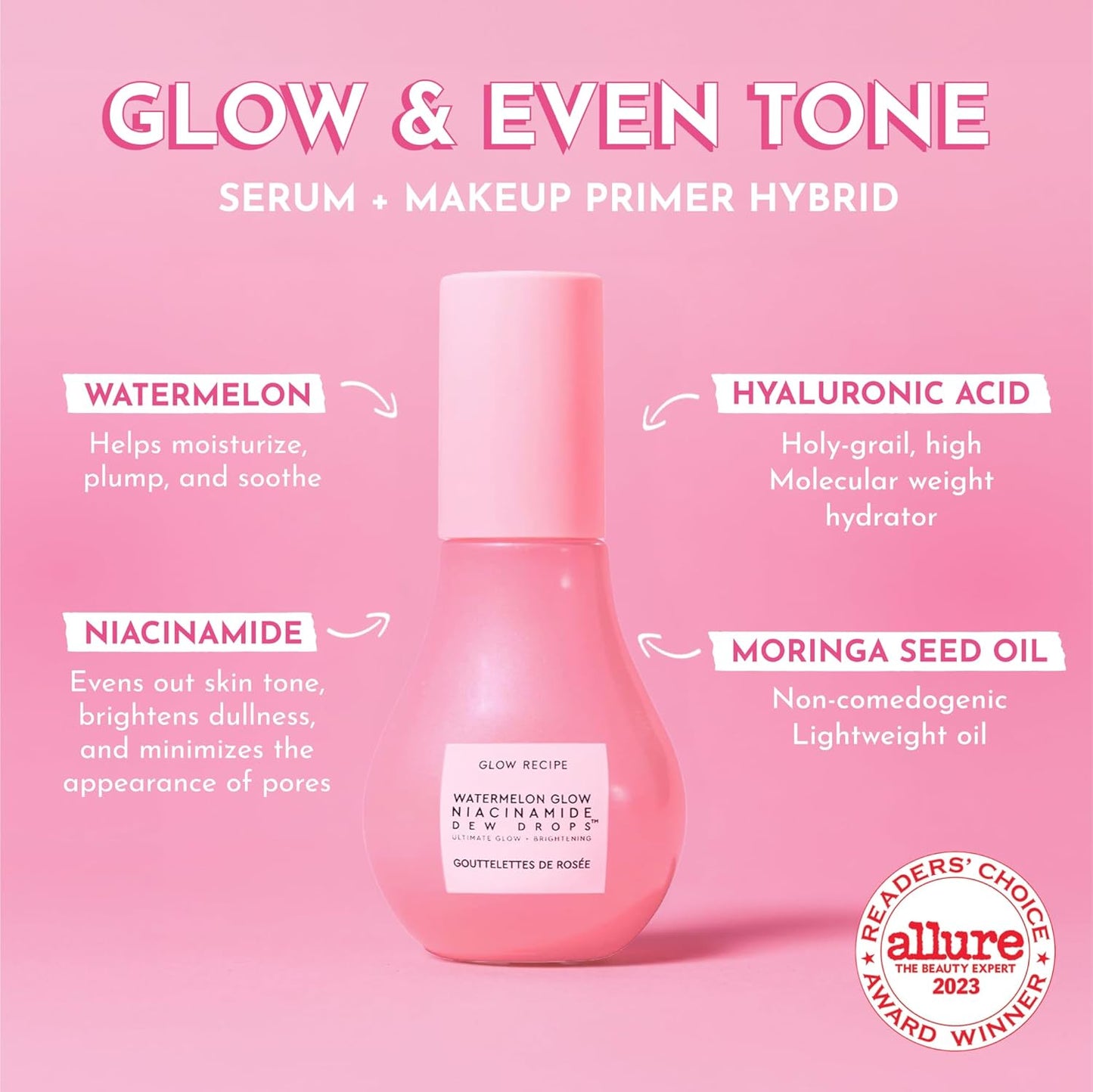 Watermelon Niacinamide Dew Drops - Brightening, Plumping Hydrating Face Serum, Makeup Primer + Liquid Highlighter with Hyaluronic Acid - Dewy & Glowing Korean Skin Care (40Ml)