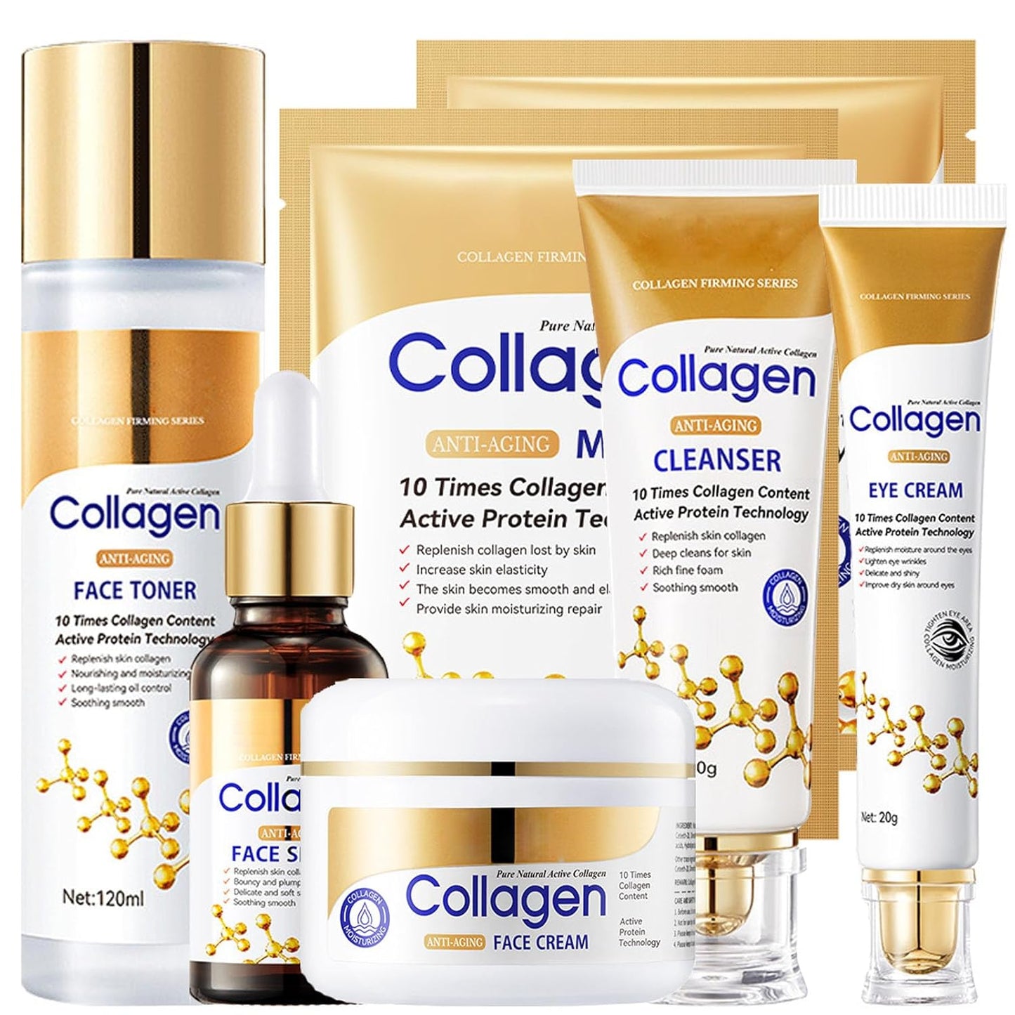 Advanced Collagen Anti-Aging Skin Care Set for Women โ 6pcs Firming Face Care Kit with Serum, Eye Cream, Toner, Cleanser & Facial Mask for Wrinkle Reduction, Pore Minimizing & Hydration