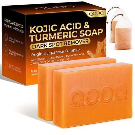 QOOQ Turmeric Kojic Acid Soap for Dark Spots Brightening – Face and Body Wash with Vitamin C, Retinol, Collagen, Vitamin E, Glycerin, Shea Butter & Castile Olive Oil – Soap for Women & Men (120g x 2)