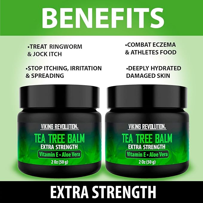 Viking Revolution Tea Tree Oil Cream - Super Balm Athletes Foot Cream - for Eczema, Jock Itch, Ringworm, Nail Treatment - Soothing Skin Moisturizer for Itchy, Scaly, Cracked Skin, 2 Ounce (Pack of 2)