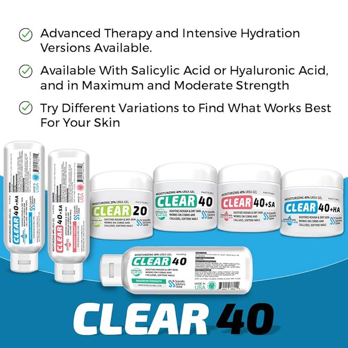 CLEAR 40 HA, 40% Urea Gel, 1% Hyaluronic Acid, 4 oz w/ Tea Tree & Coconut Oil, Aloe Vera, Callus & Corn Remover Softens Cracked Heels, Feet, Elbows, Hands, Nails, Superior hydration to Urea Creams