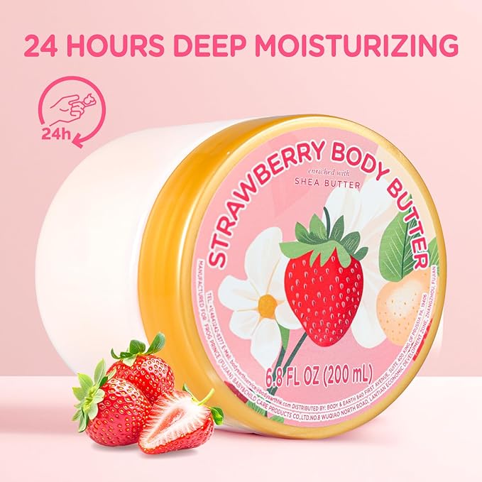 Strawberry Body Butter, Natural Body Butter for Men Women Smell Good, Strawberry Scented Shea Butter Body Cream, Body Moisturizer for Dry Skin 6.8 floz