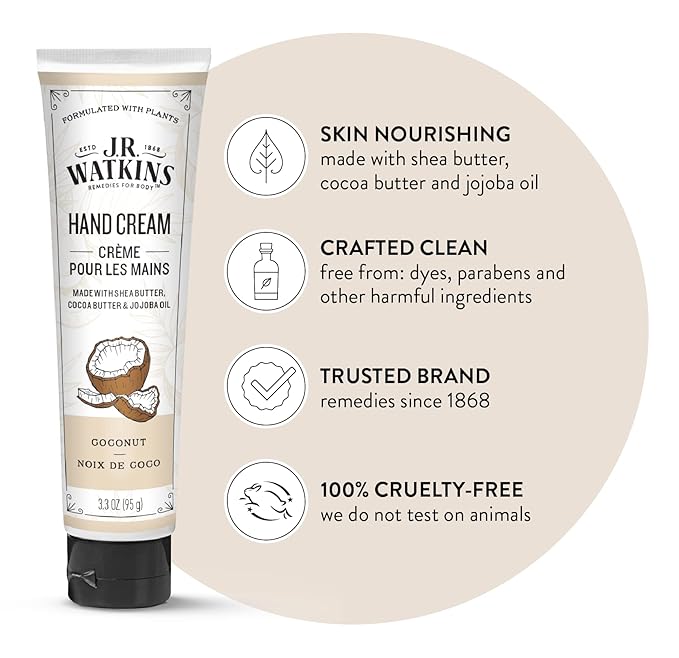 J.R. Watkins Natural Moisturizing Hand Cream, Hydrating Hand Moisturizer with Shea Butter, Cocoa Butter, and Avocado Oil, Cruelty Free, 3.3oz, Coconut, 3 Pack