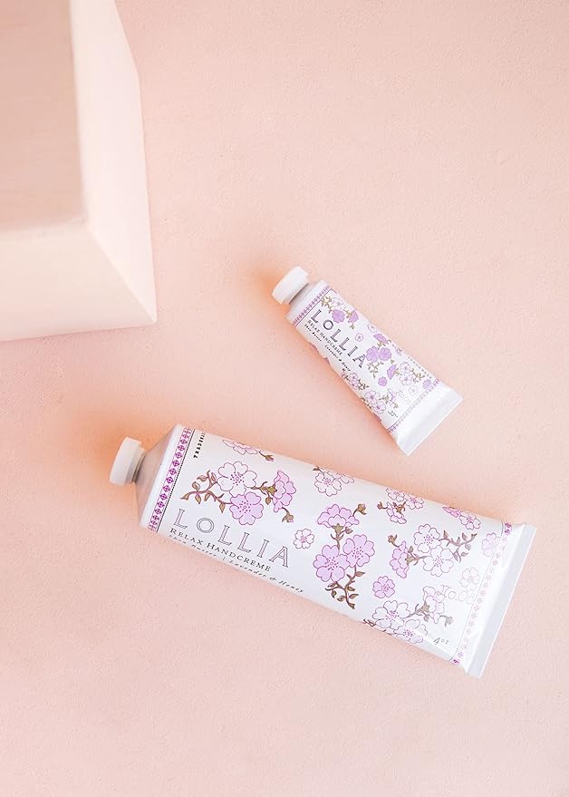 LOLLIA Relax Handcreme Bundle, 4 oz. & .33 oz. – Lavender & Honey – Scented Hand Cream for Women, Moisturizing Hand Lotion for Dry Hands, Shea & Cocoa Butter, Quick Absorbing Lotion, Travel Lotion