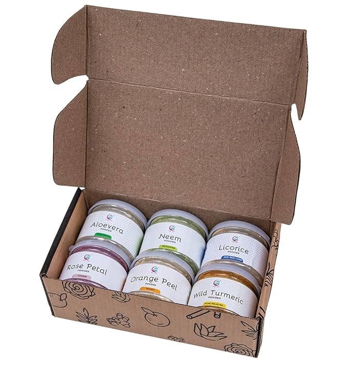 YOGIโS GIFT โ Celebrating health Ayurvedic Skin Care Sampler | Six Powders in One Pack | Aloe vera, Rose petal, Wild Turmeric, Licorice, Neem & Orange Peel Powders 1oz Each | Soap Making Ingredient