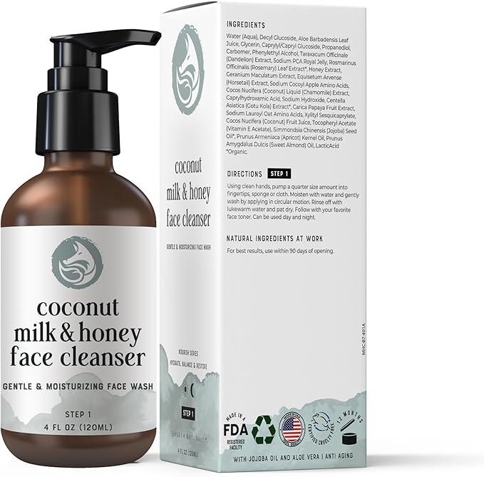 Hydrating Face Wash - Coconut Milk & Honey 4oz | Natural Daily Cleanser for All Skin Types — Gentle Non-Drying Formula, Fragrance-Free with Jojoba Oil & Aloe, Ideal for Sensitive & Dry Skin