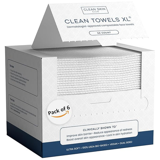Clean Skin Club Clean Towels XL®, 100% USDA Biobased Face Towel, Disposable Face Towelette, Eczema Association Accepted, Makeup Remover Dry Wipes, Ultra Soft, 50 ct per pack, 6 Packs, 300 Ct Total