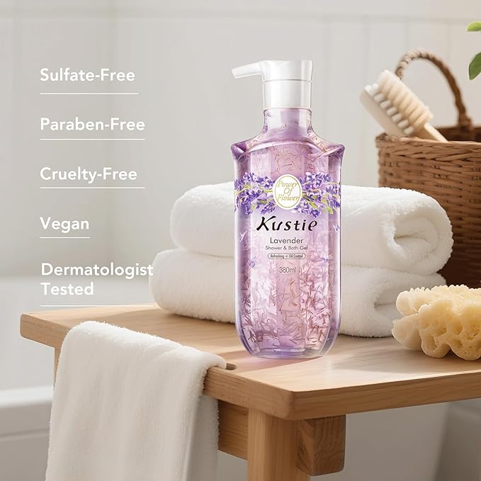 Kustie Lavender Petal Body Wash – Real Provence Petals in Clear Pump Bottle – Antibacterial, Moisturizing & Anti-Acne Shower Gel with Tea Tree Oil, 24HR Floral Scent for Sensitive Skin, 12.8 fl oz