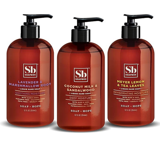Soapbox Hand Soap Variety Pack (Coconut, Lavender, Meyer Lemon) Liquid Hand Soap, Moisturizing Wash with Shea Butter & Aloe Vera, Pack of 3 Bottles with Pump Dispenser, 12oz Each
